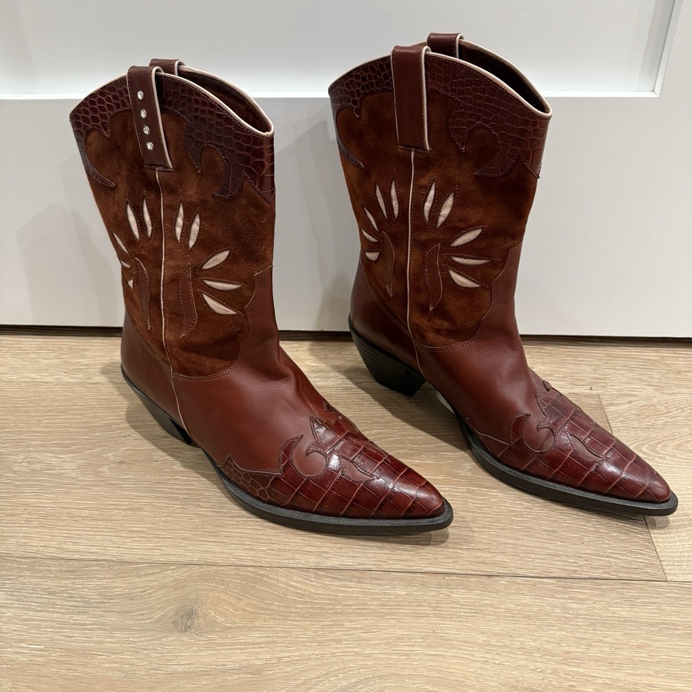 Van Eli Jeska Womens Western Boots Leather/Suede Mid Calf Pull Tab W/ Rhinestone